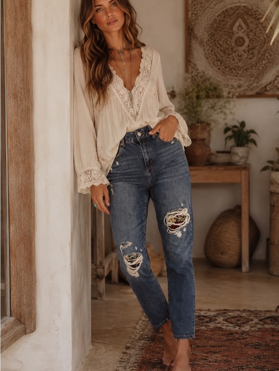 C Est. 1946 Denim - EST. 1946 Denim Hi-Rise Distressed Patch Jeans Size 8 Boho Trendy